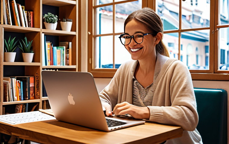 **
A freelance language coach working remotely. Focus on the flexibility and freedom aspect. Show a person happily working on a laptop in a cozy cafe, surrounded by books and travel-themed decorations. Include elements that suggest personalized teaching methods, such as a whiteboard with notes or a customized learning plan.
**