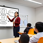 **A TESOL teacher in a modern classroom, interacting with diverse students using a digital whiteboard. The scene emphasizes inclusivity and engagement, reflecting the integration of technology and intercultural understanding.**