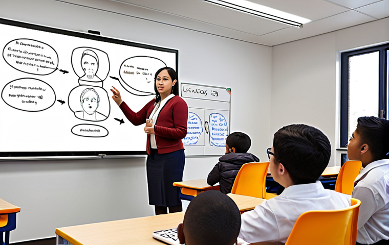 **A TESOL teacher in a modern classroom, interacting with diverse students using a digital whiteboard. The scene emphasizes inclusivity and engagement, reflecting the integration of technology and intercultural understanding.**